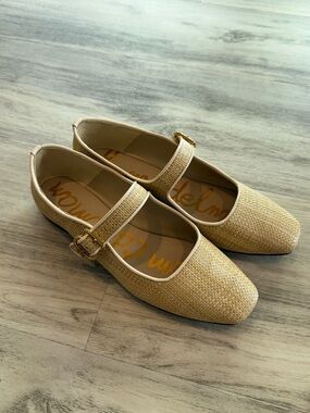 Sam Edelman Straw Mary Jane Flats in Light Beige